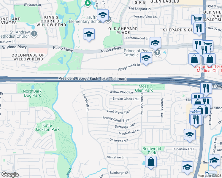 map of restaurants, bars, coffee shops, grocery stores, and more near 5515 Autumn Way in Dallas