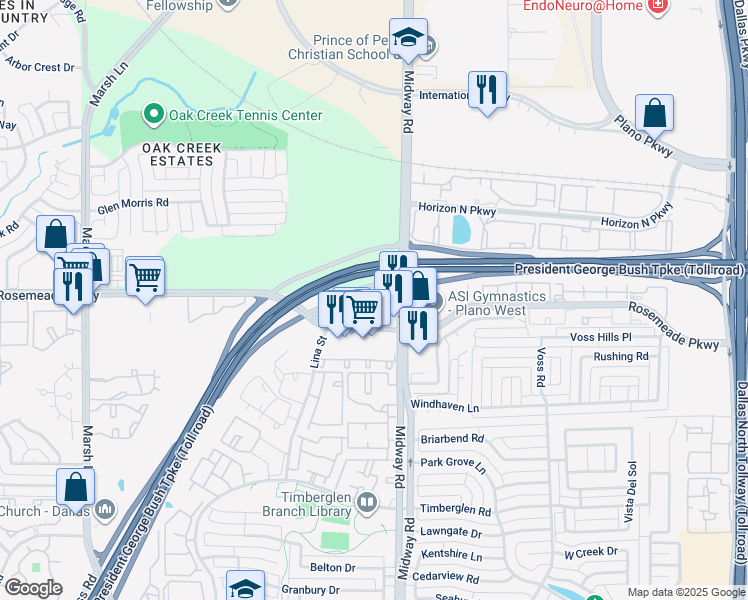 map of restaurants, bars, coffee shops, grocery stores, and more near President George Bush Turnpike in Dallas
