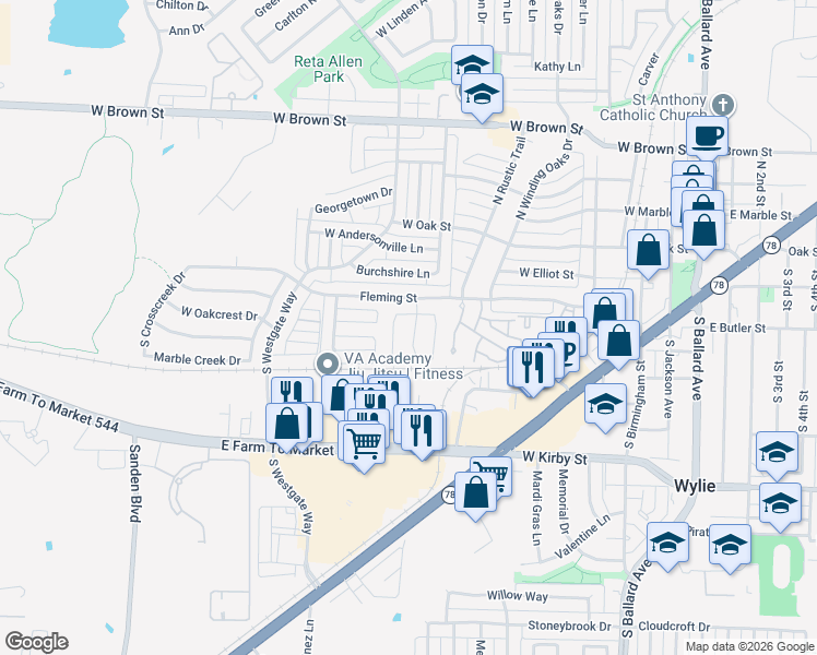 map of restaurants, bars, coffee shops, grocery stores, and more near 313 South Stephen Street in Wylie