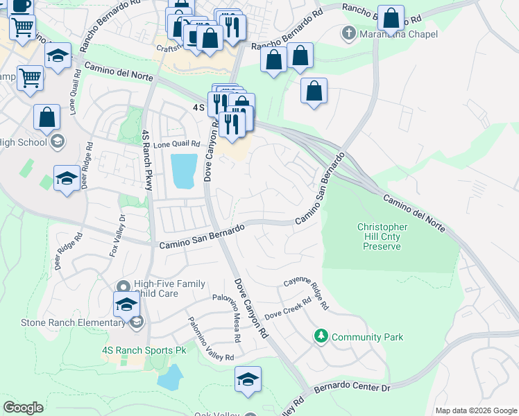 map of restaurants, bars, coffee shops, grocery stores, and more near 10655 Paseo Allegria Avenue in San Diego