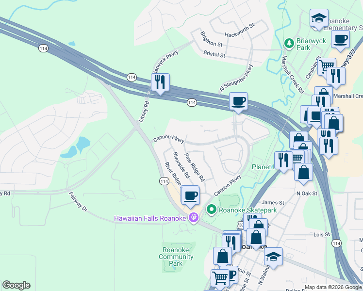map of restaurants, bars, coffee shops, grocery stores, and more near 1412 Pine Ridge Road in Roanoke