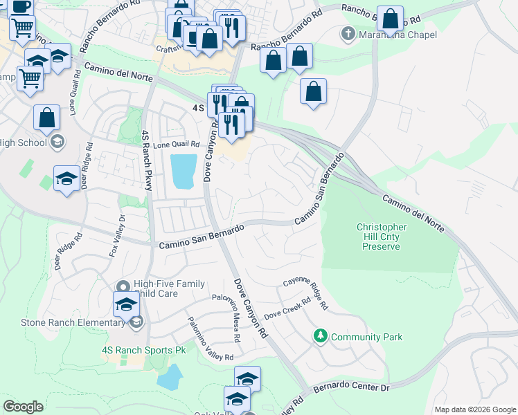 map of restaurants, bars, coffee shops, grocery stores, and more near 16414 Santa Cristobal Street in San Diego