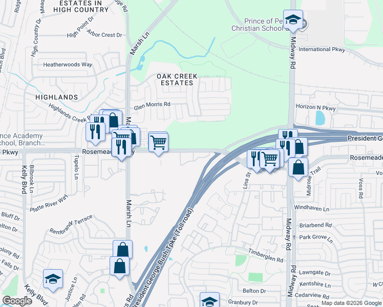 map of restaurants, bars, coffee shops, grocery stores, and more near 3750 Rosemeade Parkway in Dallas