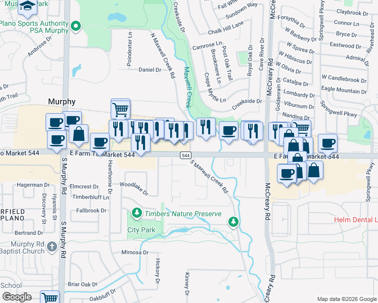 map of restaurants, bars, coffee shops, grocery stores, and more near 401 East Farm to Market Road 544 in Murphy
