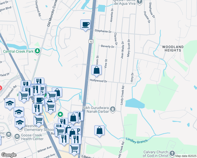 map of restaurants, bars, coffee shops, grocery stores, and more near 105 Hollywood Drive in Goose Creek