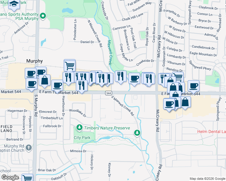 map of restaurants, bars, coffee shops, grocery stores, and more near 401 East Farm to Market Road 544 in Murphy