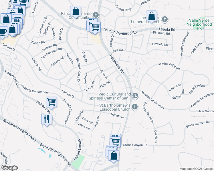 map of restaurants, bars, coffee shops, grocery stores, and more near 12470 Pipo Road in San Diego