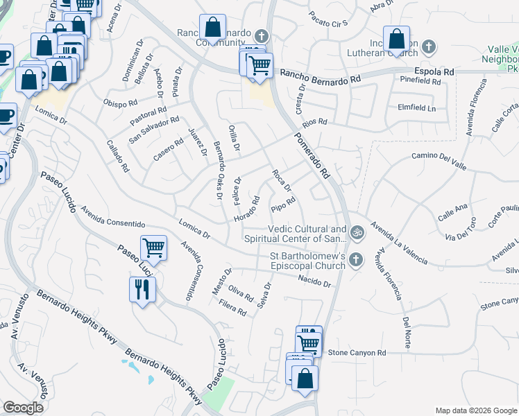 map of restaurants, bars, coffee shops, grocery stores, and more near 12431 Horado Road in San Diego