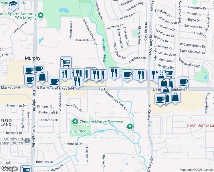 map of restaurants, bars, coffee shops, grocery stores, and more near 401 East Farm to Market Road 544 in Murphy
