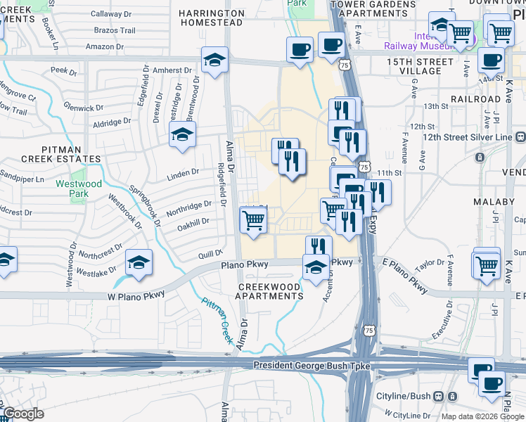 map of restaurants, bars, coffee shops, grocery stores, and more near 821 N Central Expy in Plano
