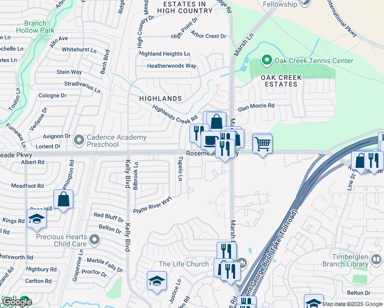 map of restaurants, bars, coffee shops, grocery stores, and more near 3701 Galloway Lane in Carrollton