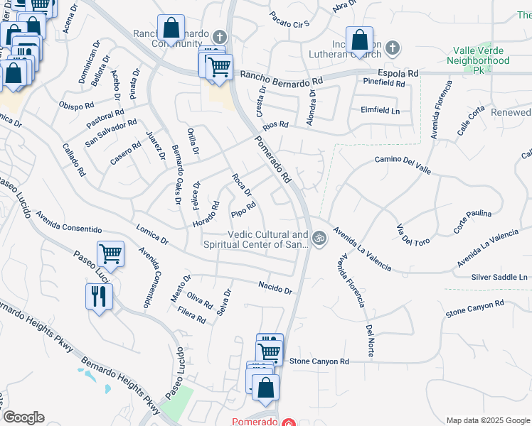 map of restaurants, bars, coffee shops, grocery stores, and more near 16413 Roca Drive in San Diego