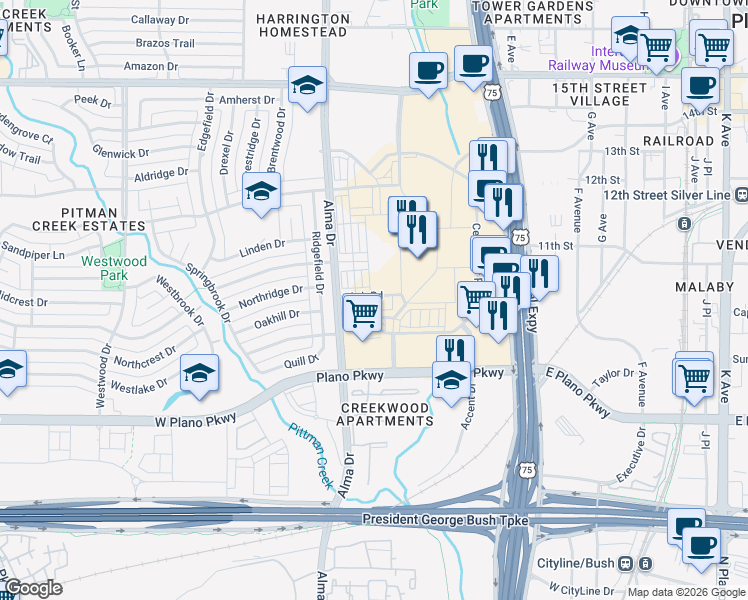 map of restaurants, bars, coffee shops, grocery stores, and more near 821 N Central Expy in Plano