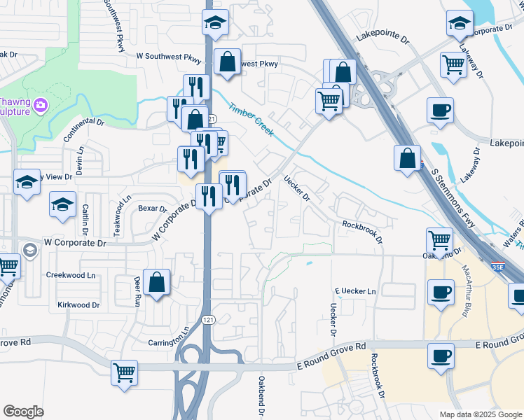 map of restaurants, bars, coffee shops, grocery stores, and more near 256e East Corporate Drive in Lewisville