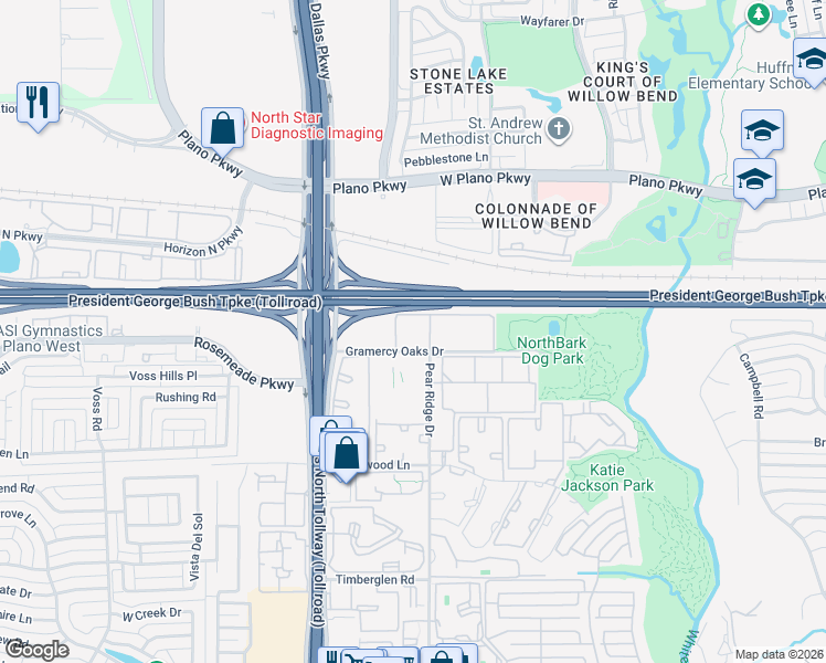 map of restaurants, bars, coffee shops, grocery stores, and more near 4755 Gramercy Oaks Drive in Dallas