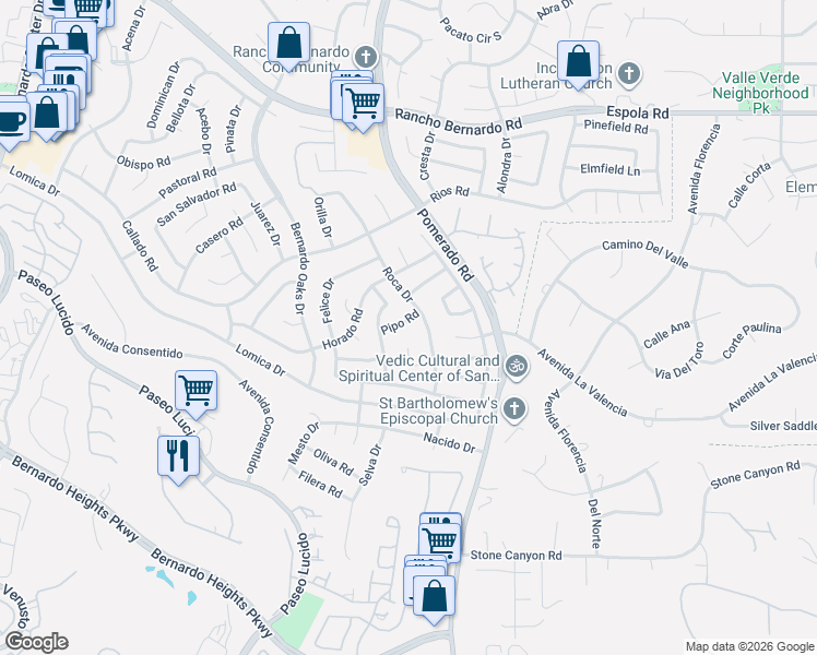 map of restaurants, bars, coffee shops, grocery stores, and more near 12459 Pipo Road in San Diego