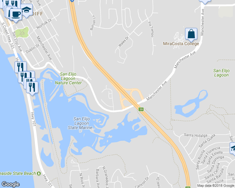 map of restaurants, bars, coffee shops, grocery stores, and more near 2535 Ocean Cove Drive in Encinitas
