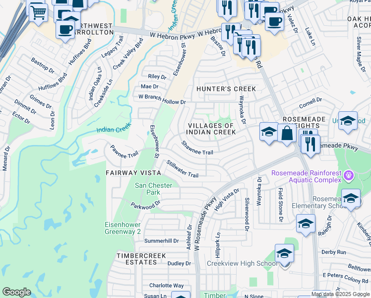 map of restaurants, bars, coffee shops, grocery stores, and more near 1215 Shawnee Trail in Carrollton