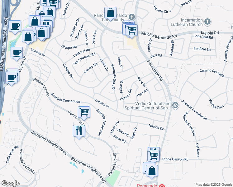 map of restaurants, bars, coffee shops, grocery stores, and more near 16435 Bernardo Oaks Drive in San Diego