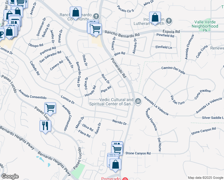 map of restaurants, bars, coffee shops, grocery stores, and more near 16422 Roca Drive in San Diego