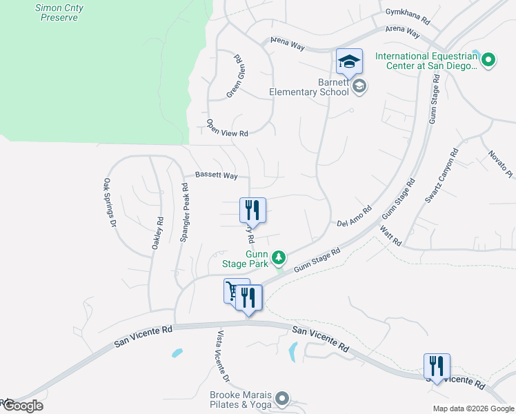 map of restaurants, bars, coffee shops, grocery stores, and more near 16203 Scarbery Road in Ramona