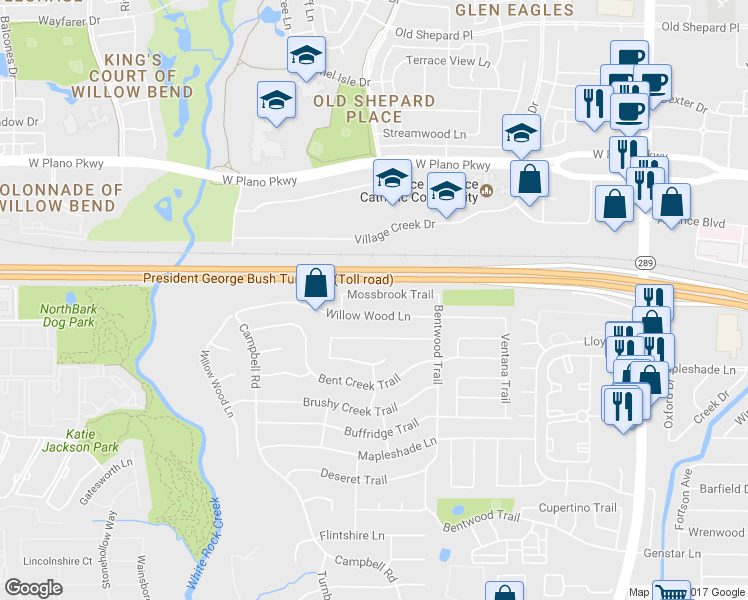 map of restaurants, bars, coffee shops, grocery stores, and more near 5828 Mossbrook Trail in Dallas