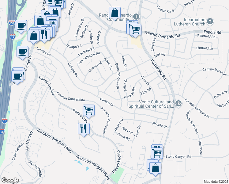 map of restaurants, bars, coffee shops, grocery stores, and more near 12260 Nivel Court in San Diego