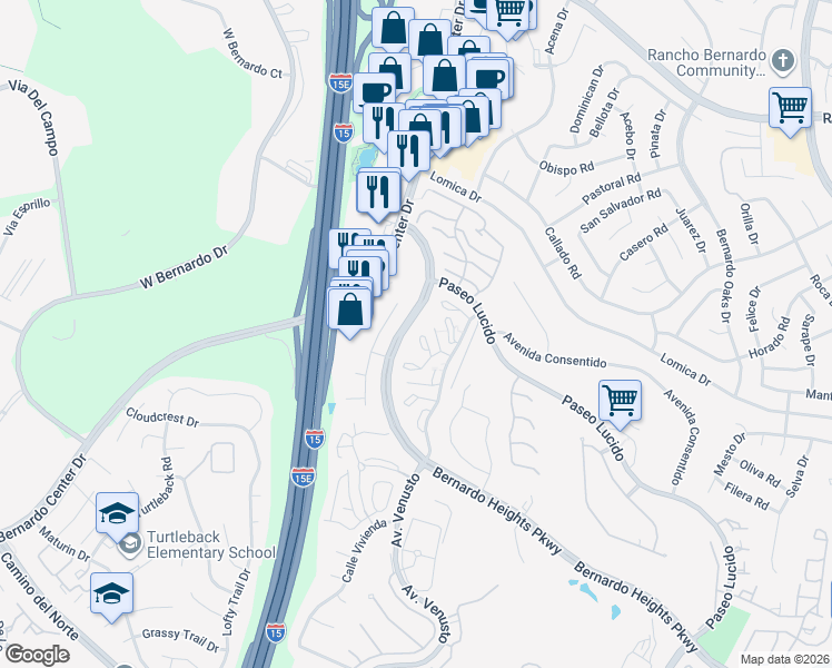 map of restaurants, bars, coffee shops, grocery stores, and more near 16367 Avenida Nobleza in San Diego