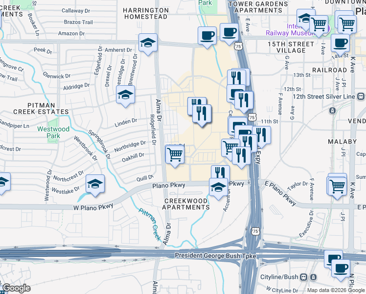 map of restaurants, bars, coffee shops, grocery stores, and more near 821 N Central Expy in Plano