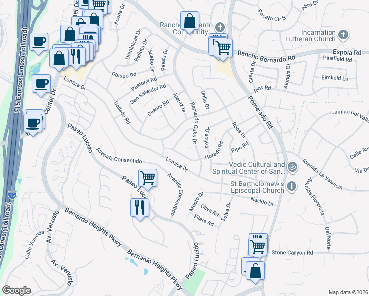 map of restaurants, bars, coffee shops, grocery stores, and more near 12245 Nivel Court in San Diego