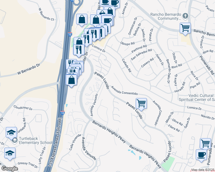 map of restaurants, bars, coffee shops, grocery stores, and more near Paseo Lucido & Avenida Consentido in San Diego