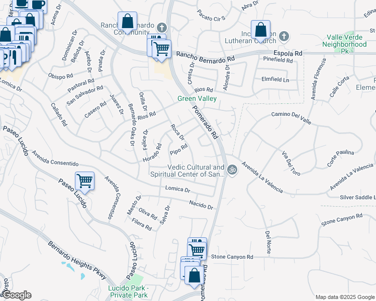 map of restaurants, bars, coffee shops, grocery stores, and more near 16422 Roca Drive in San Diego