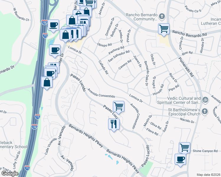 map of restaurants, bars, coffee shops, grocery stores, and more near 12091 Lomica Drive in San Diego