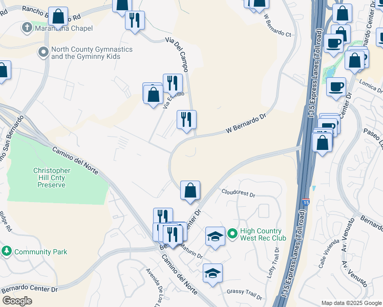map of restaurants, bars, coffee shops, grocery stores, and more near 16399 West Bernardo Drive in San Diego