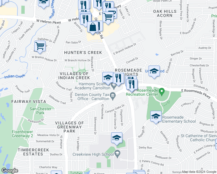 map of restaurants, bars, coffee shops, grocery stores, and more near 1024 West Rosemeade Parkway in Carrollton