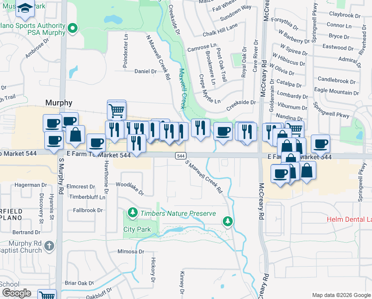 map of restaurants, bars, coffee shops, grocery stores, and more near 401 East Farm To Market 544 in Plano