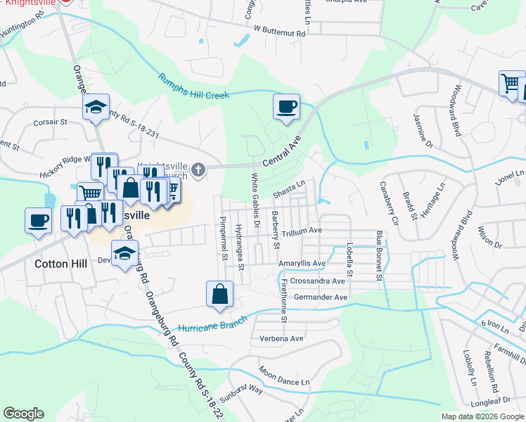 map of restaurants, bars, coffee shops, grocery stores, and more near 201 White Gables Drive in Summerville