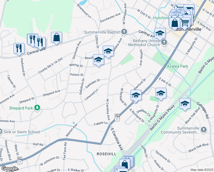 map of restaurants, bars, coffee shops, grocery stores, and more near 103 Gadsden Street in Summerville