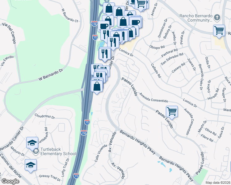 map of restaurants, bars, coffee shops, grocery stores, and more near 16367 Avenida Nobleza in San Diego
