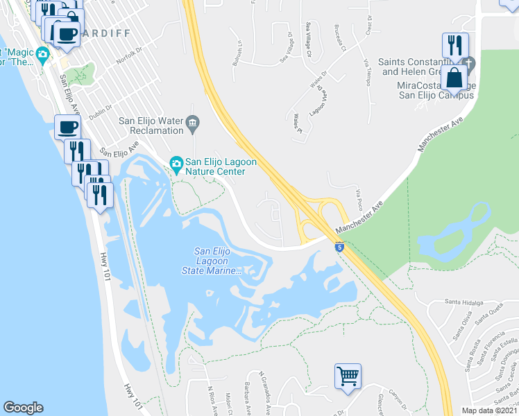 map of restaurants, bars, coffee shops, grocery stores, and more near 2422 Caminito Ocean Cove in Encinitas