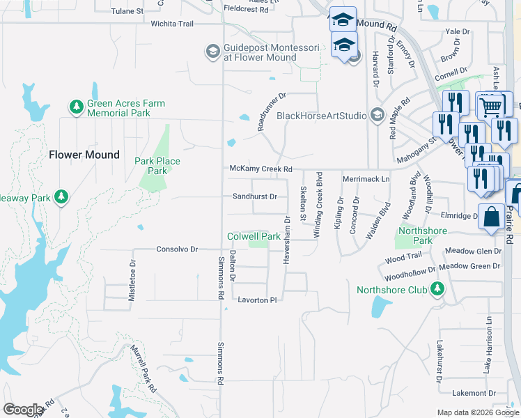 map of restaurants, bars, coffee shops, grocery stores, and more near 3609 Sandhurst Drive in Flower Mound