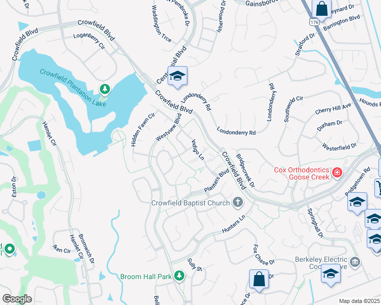 map of restaurants, bars, coffee shops, grocery stores, and more near 103 Mallory Drive in Goose Creek