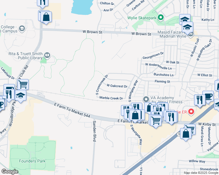 map of restaurants, bars, coffee shops, grocery stores, and more near 925 West Oakcrest Drive in Wylie