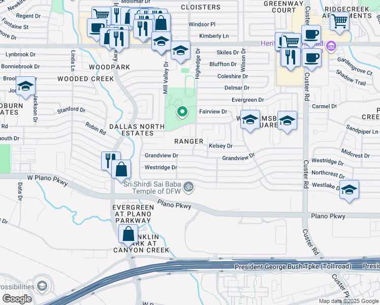 map of restaurants, bars, coffee shops, grocery stores, and more near 2608 Kelsey Court in Plano