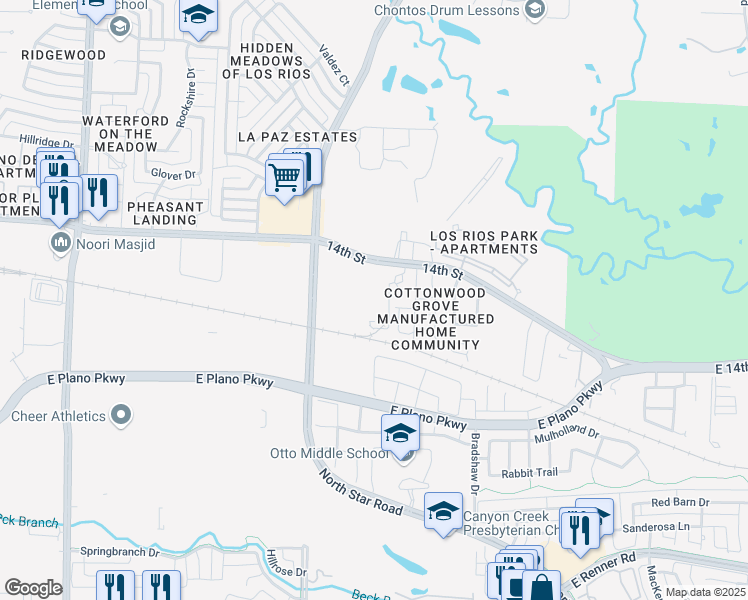 map of restaurants, bars, coffee shops, grocery stores, and more near 4200 14th Street in Plano