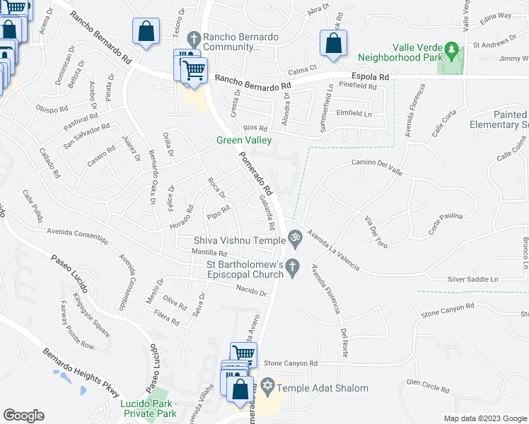 map of restaurants, bars, coffee shops, grocery stores, and more near 16380 Gabarda Road in San Diego