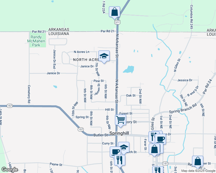 map of restaurants, bars, coffee shops, grocery stores, and more near 710 North Arkansas Street in Springhill