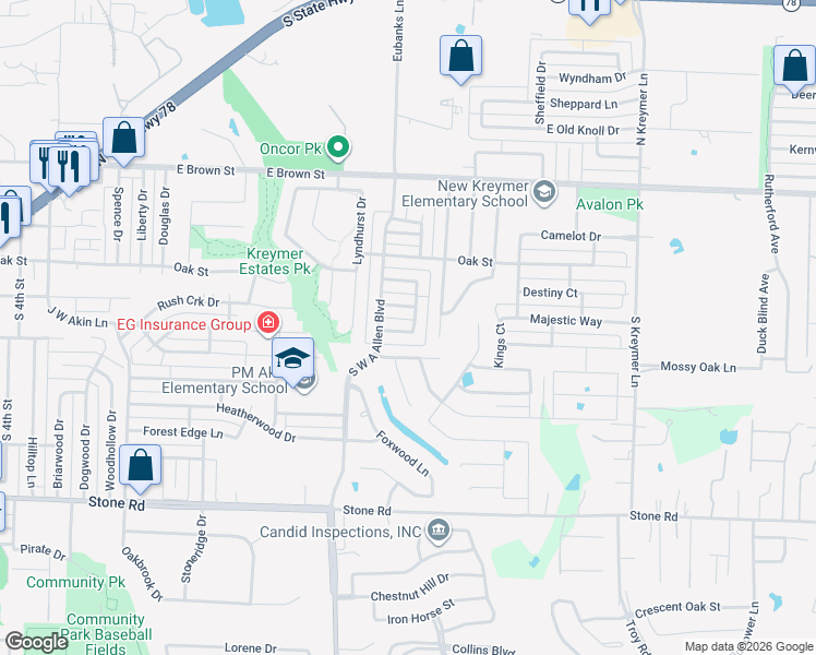 map of restaurants, bars, coffee shops, grocery stores, and more near 1202 Surrey Circle in Wylie