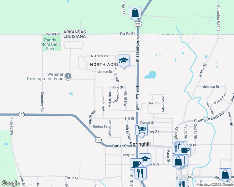 map of restaurants, bars, coffee shops, grocery stores, and more near 711 7th Street Northwest in Springhill