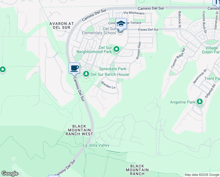 map of restaurants, bars, coffee shops, grocery stores, and more near 8483 Warden Lane in San Diego